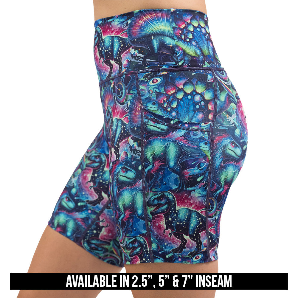 shorts with colorful dinosaur design available in 2.5, 5 & 7 inch inseams