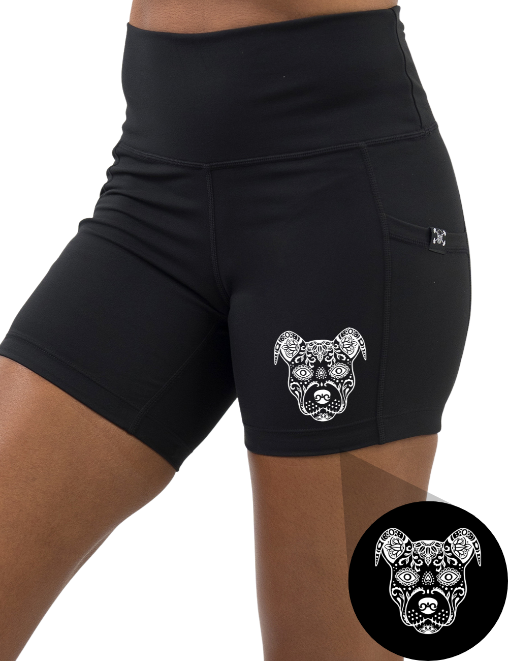 front of the dog graphic 5 inch black shorts against a white background