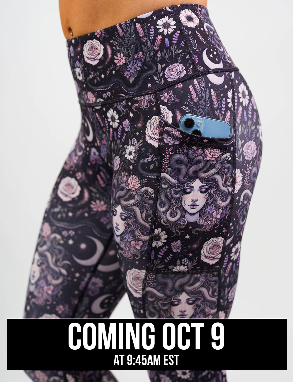 close up of the purple medusa with flowers leggings with a phone in its pocket, coming October 9th