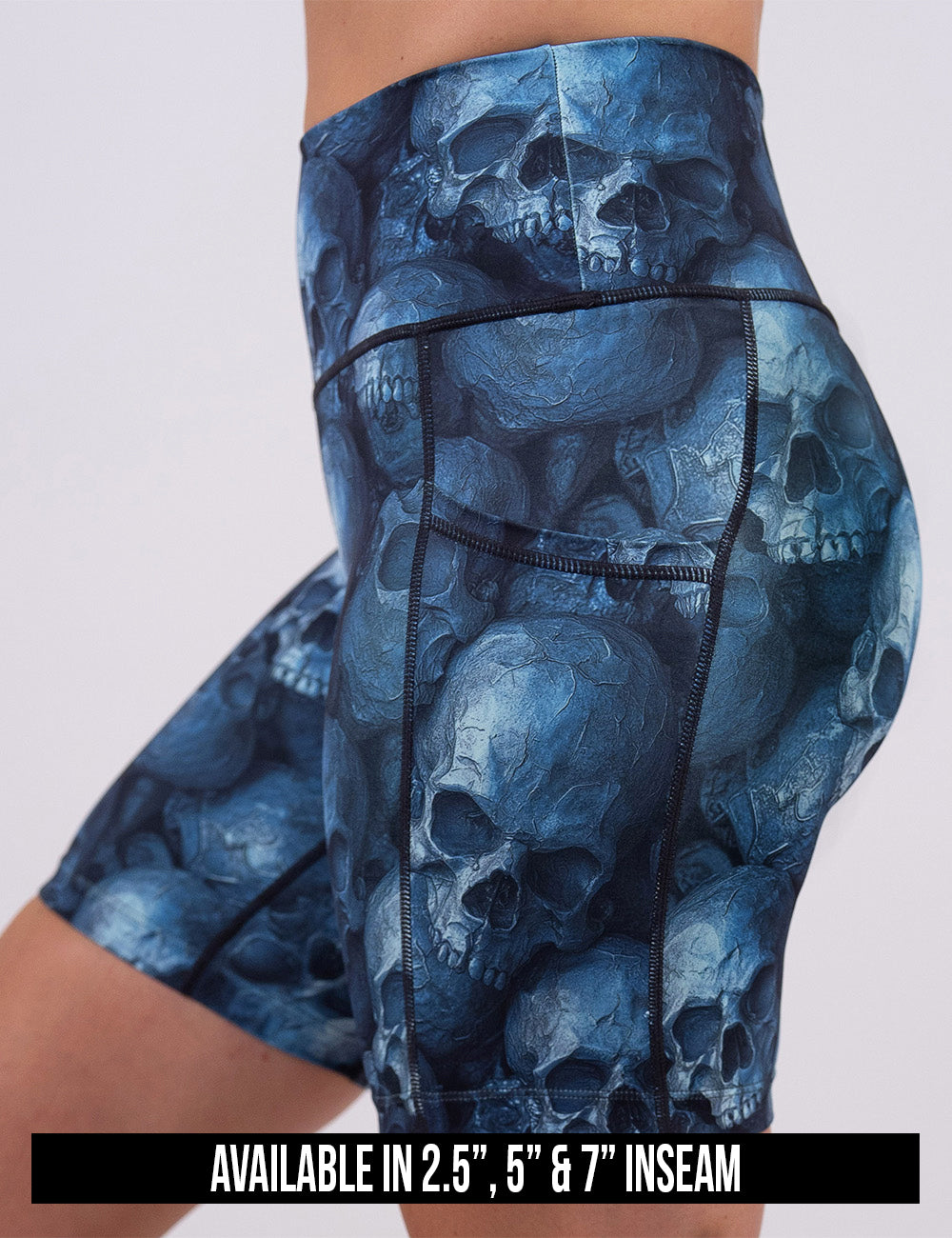 available inseam lengths for the cool blue skulls shorts, lengths include 2.5, 5, and 7 inches
