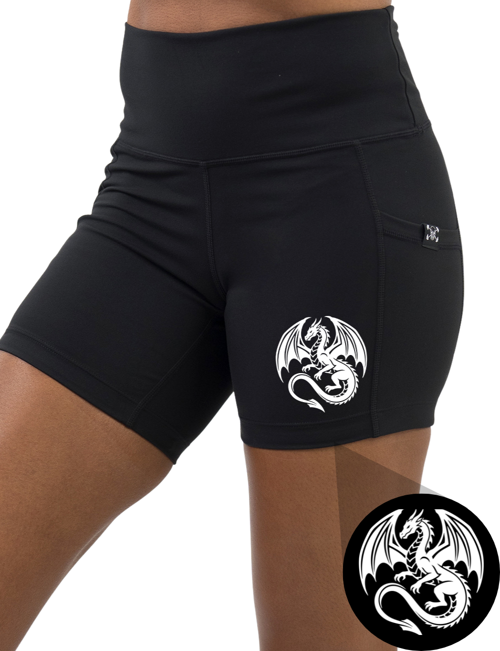 front of the 5 inch dragon graphic black shorts against a white background