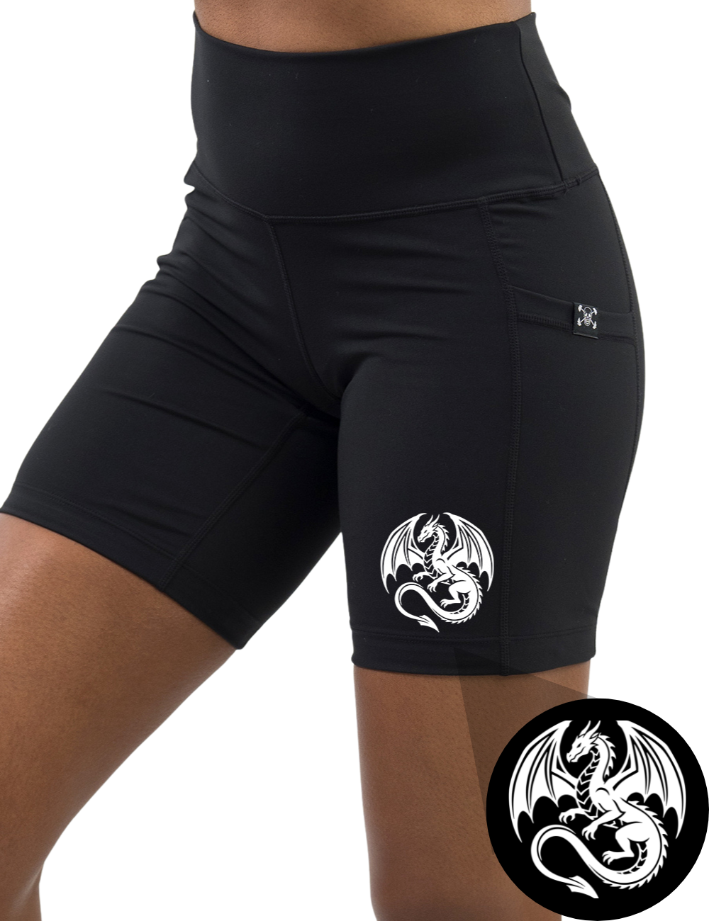 front of the 7 inch dragon graphic black shorts against a white background
