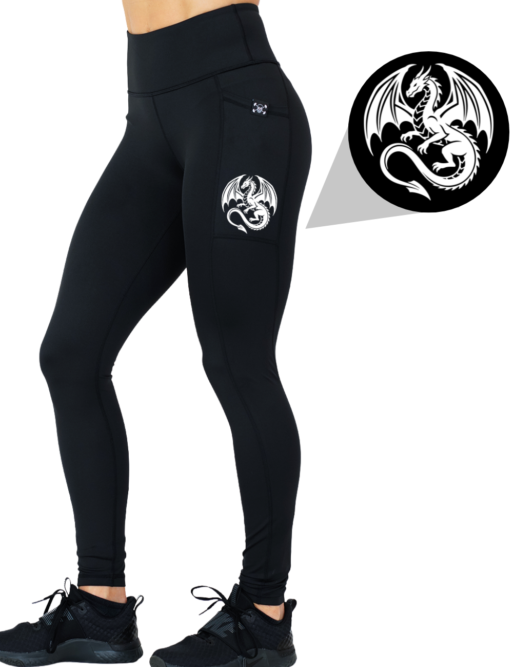 model wearing the dragon graphic full length solid black leggings against a white background