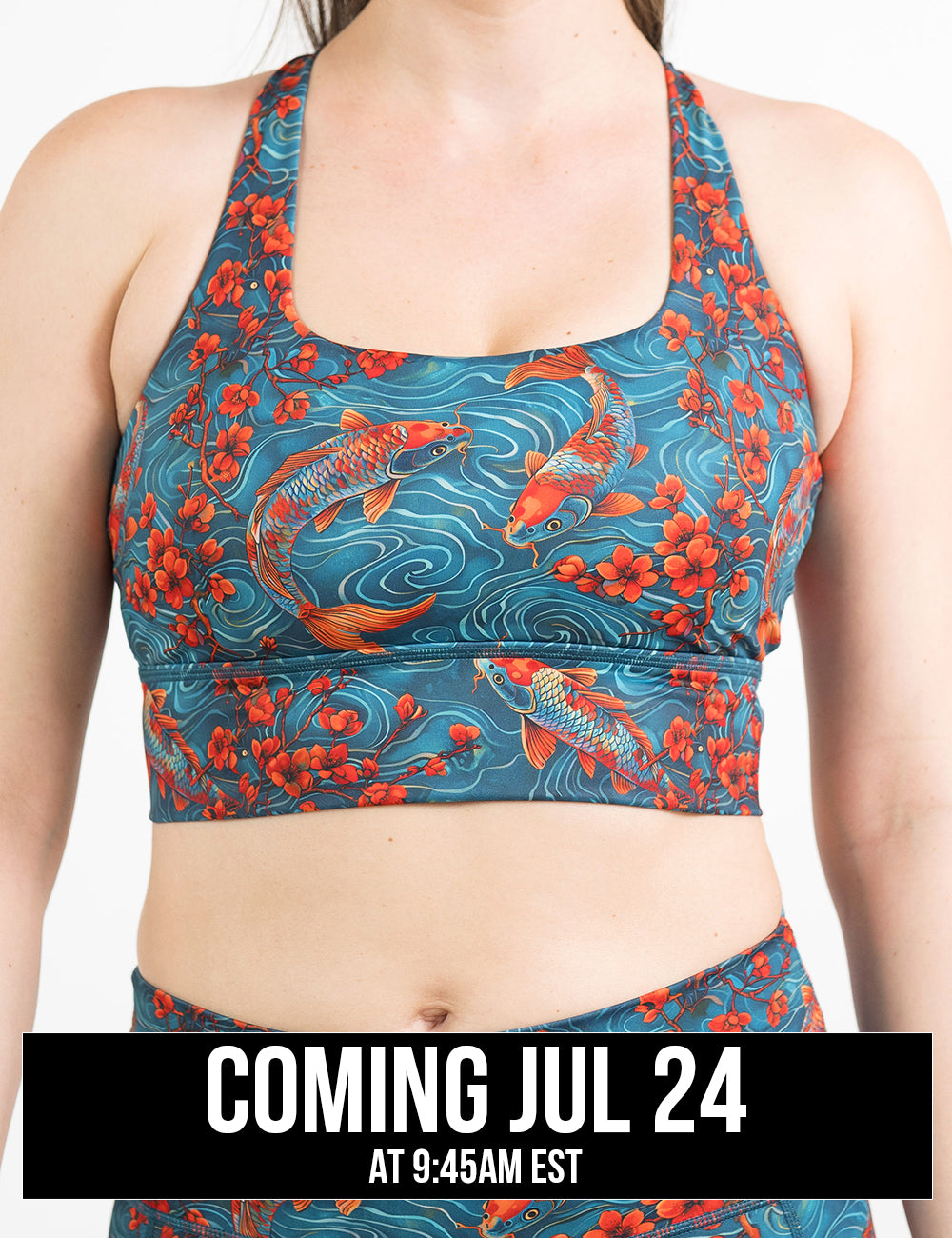 front of the koi fish swimming with orange flowers longline bra, coming july 24th