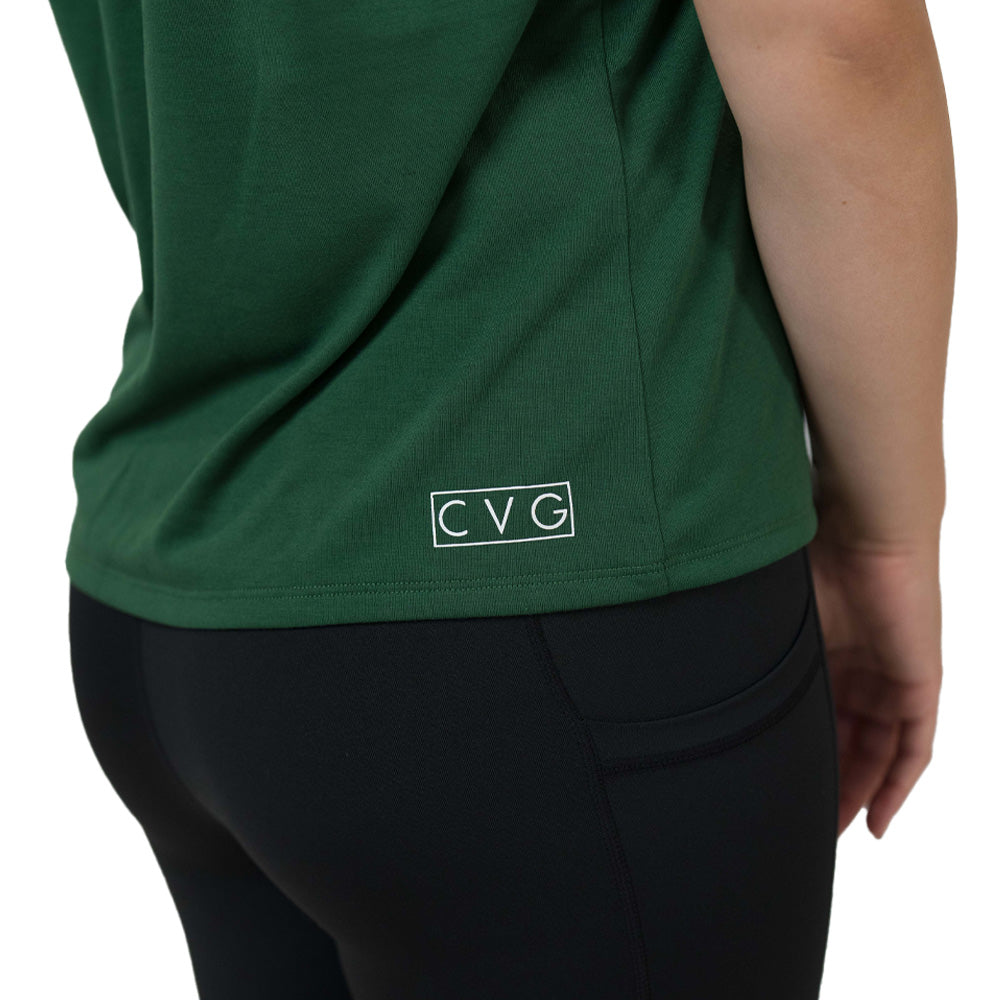 green shirt with 'CVG' logo on a white background