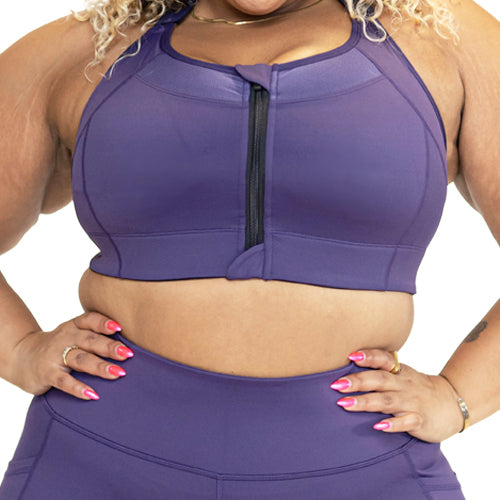 solid purple front zipper bra