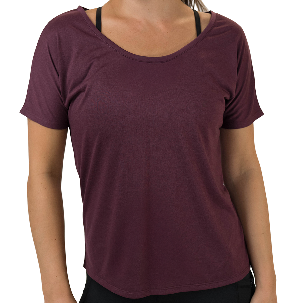 maroon off-shoulder top worn by a person on a white background