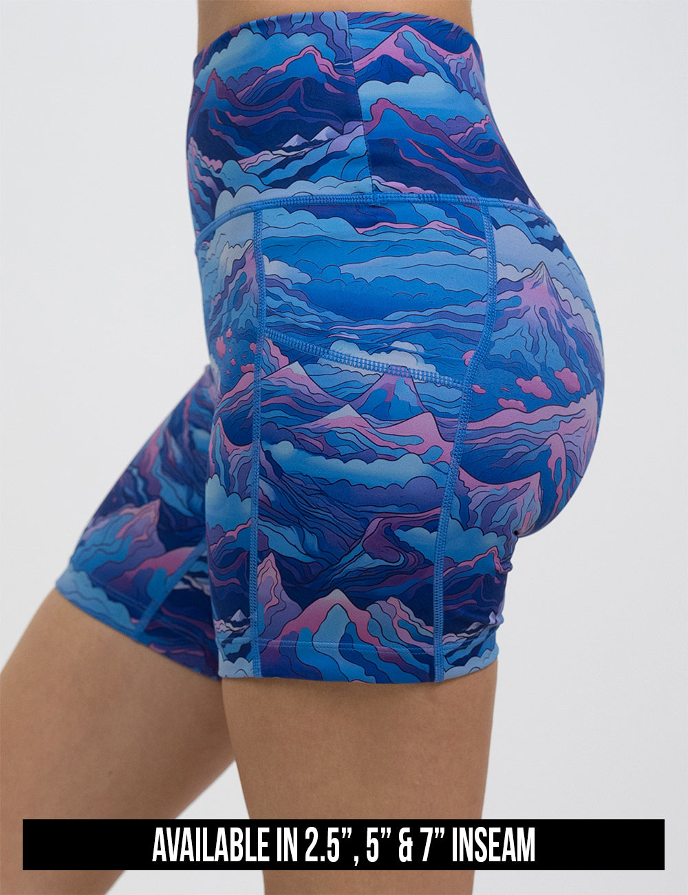 available inseam lengths for the blue and pink mountains shorts, lengths include 2.5, 5, and 7 inches