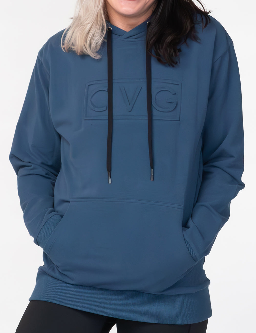 front of the navy cvg logo embossed hoodie