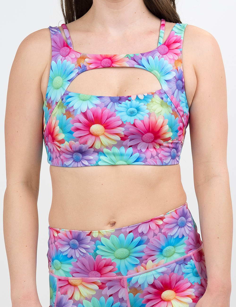 front of the pastel flower vista bra against a white background