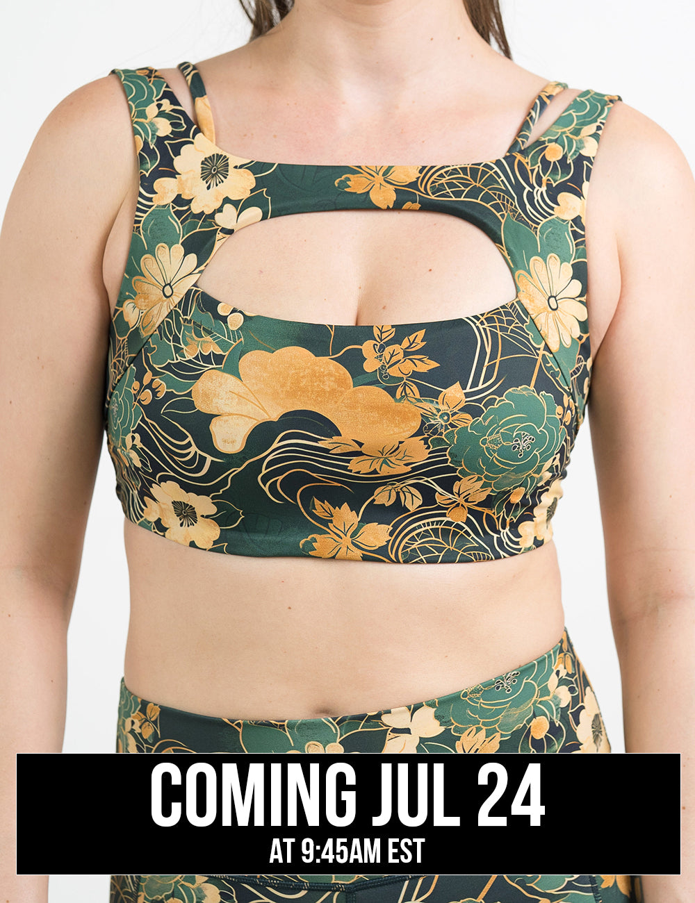 front of the gold and green flowers with gold accents vista bra, coming july 24th