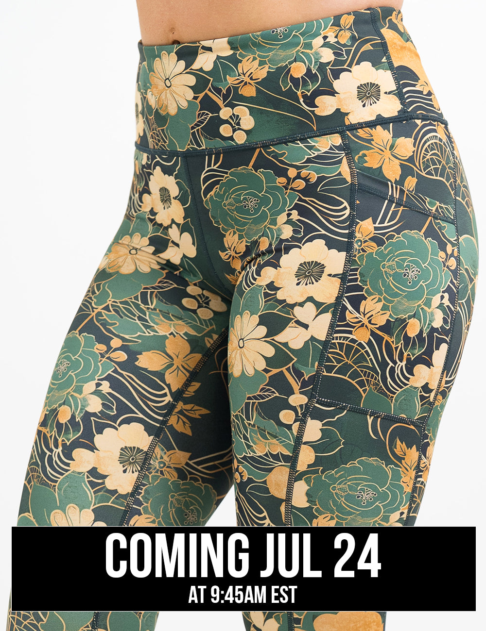 front of the gold and green flowers with gold accents pattern leggings, coming july 24th