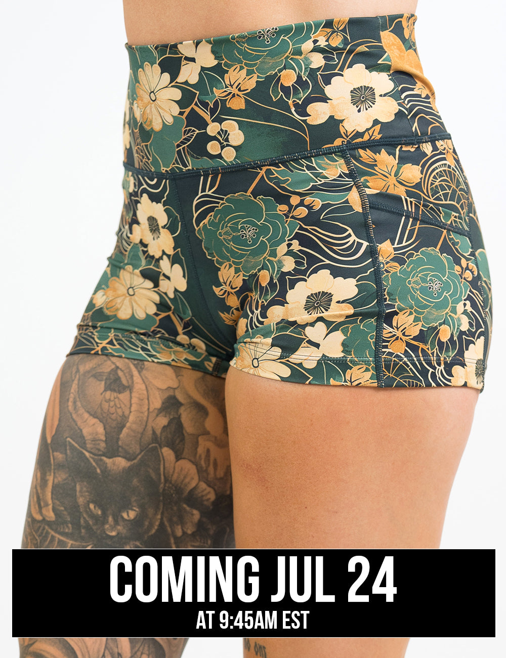 front of the 2.5 inch green and gold flower with gold accent shorts, coming july 24th