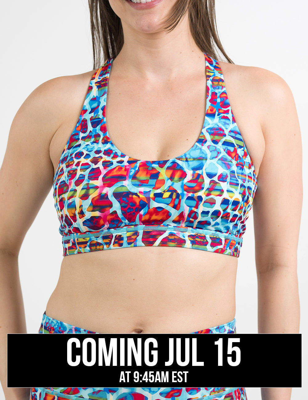 front of the yellow, blue, and red mosaic style butterfly back bra against a white background, coming july 15th