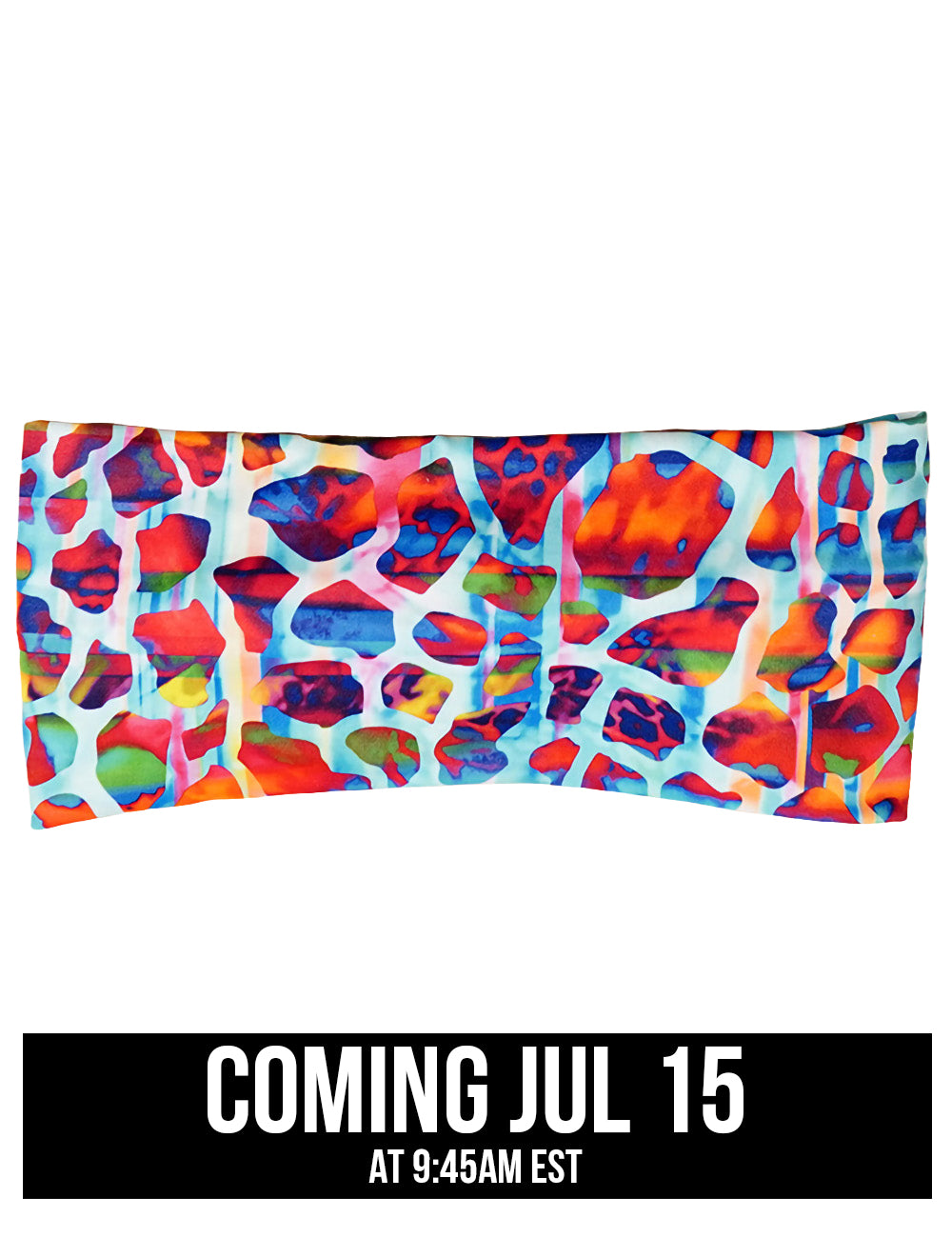 front of the red, orange, green, and yellow abstract mosaic pattern headband against a white background, coming july 15th
