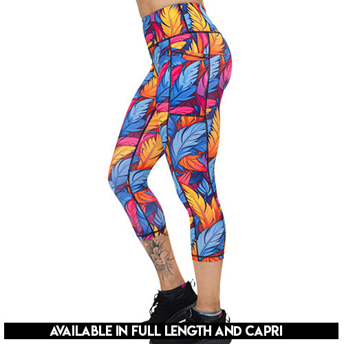colorful feather patterned leggings available in full and capri length