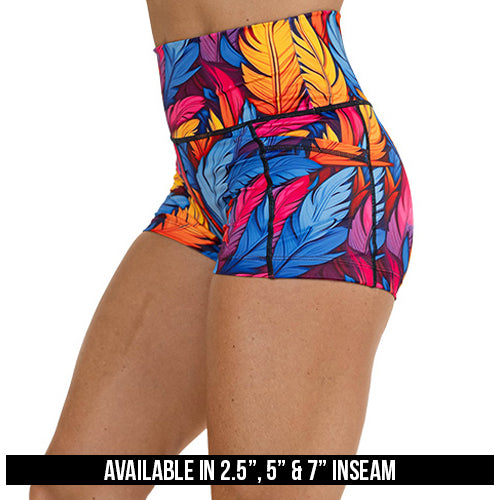 colorful feather patterned shorts available in 2.5, 5 & 7 inch inseam