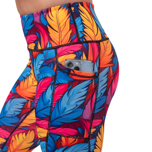 colorful feather patterned legging's side pocket
