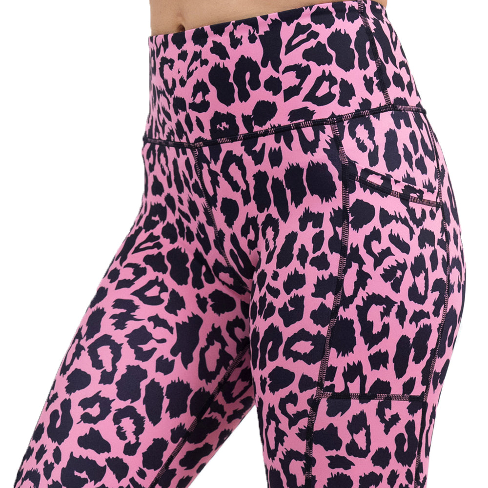 close up of pink leopard print leggings facing the front against a white background