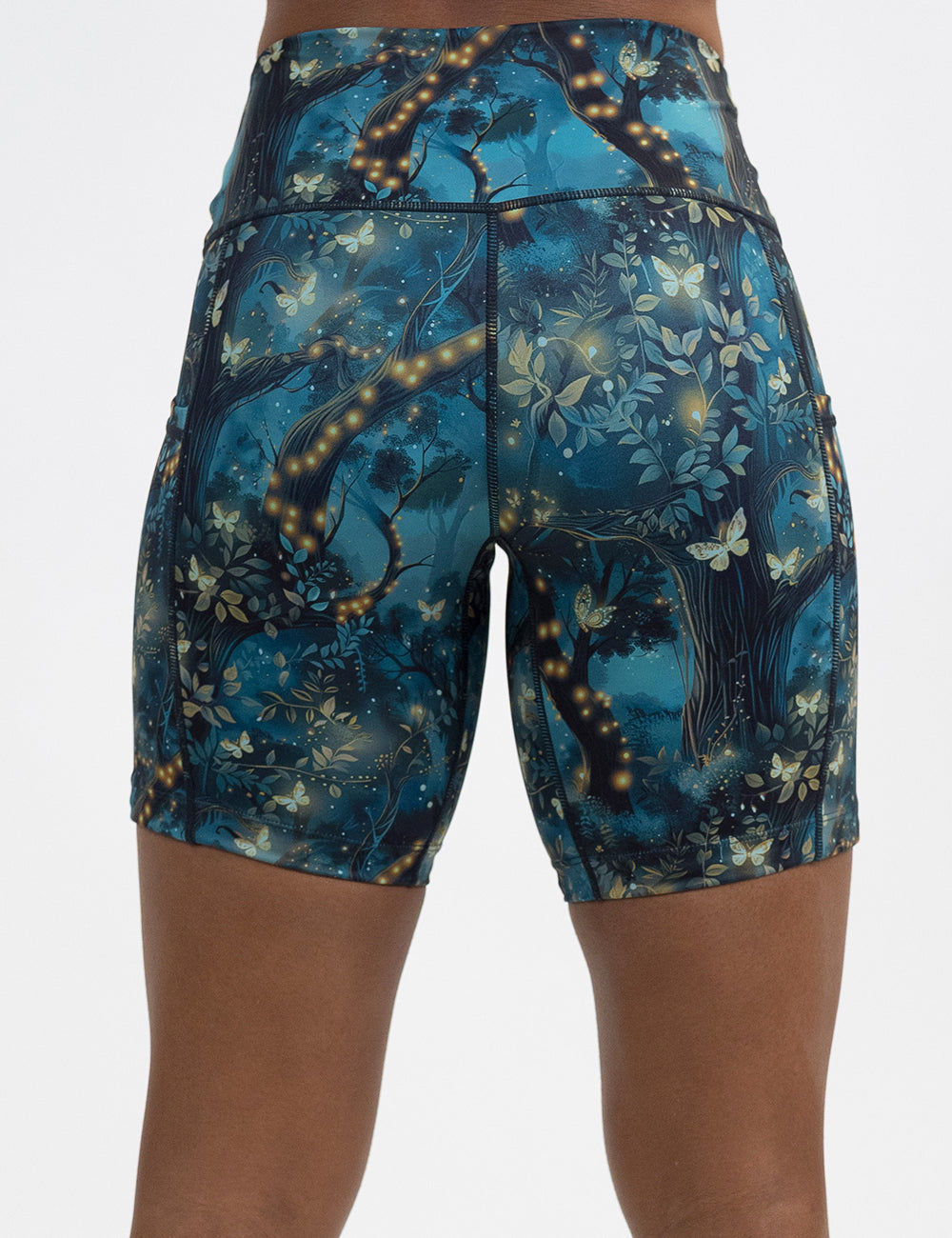 back of the 7 inch forest filled with firefly's pattern shorts against a white background