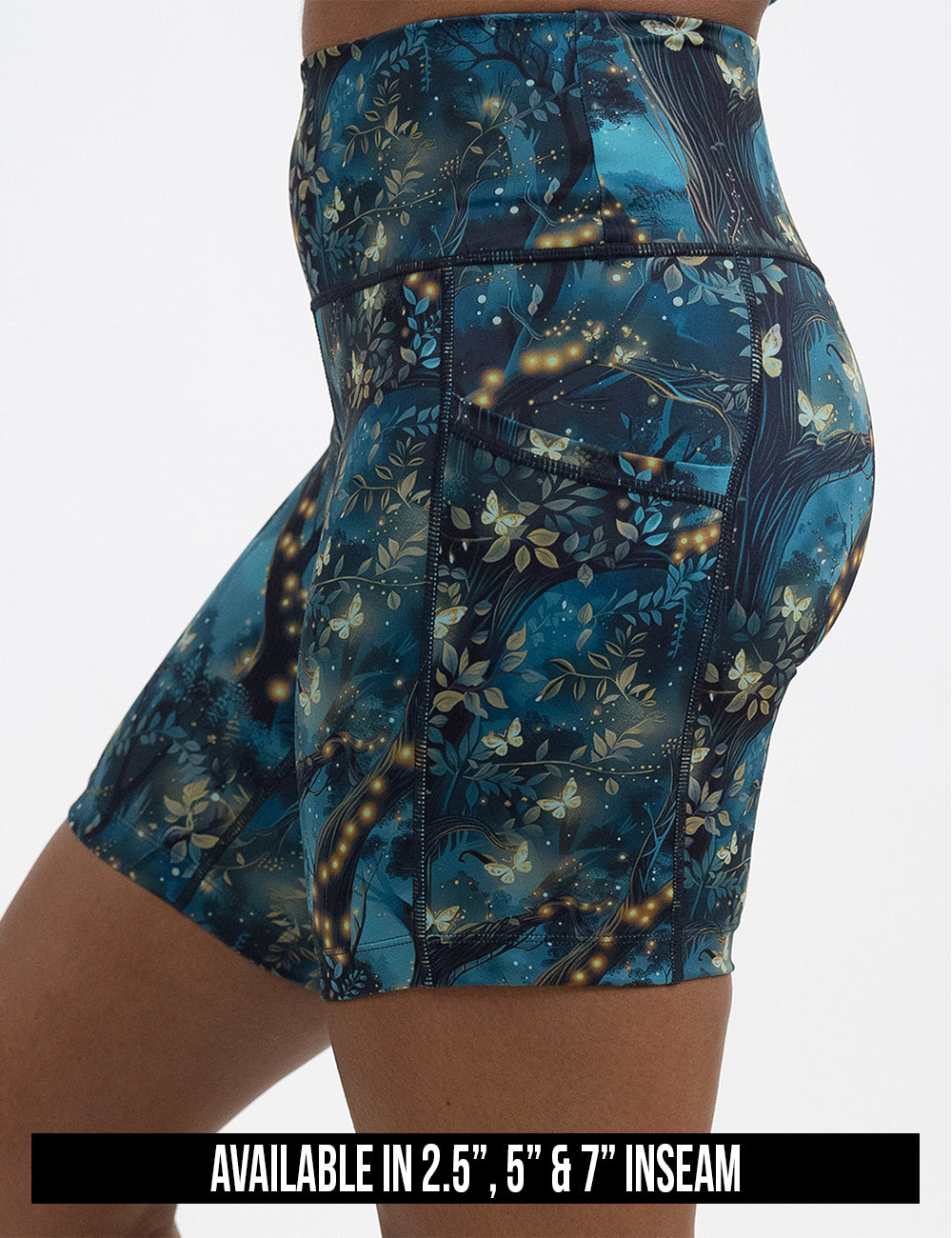 the available inseam lengths for the forest filled with firefly's pattern shorts. Lengths include 2.5, 5, and 7 inches