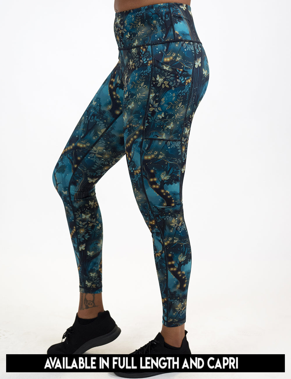 available lengths for the forest filled with firefly's pattern leggings, lengths include full length and capri
