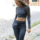 model wearing charcoal flex crop top & joggers
