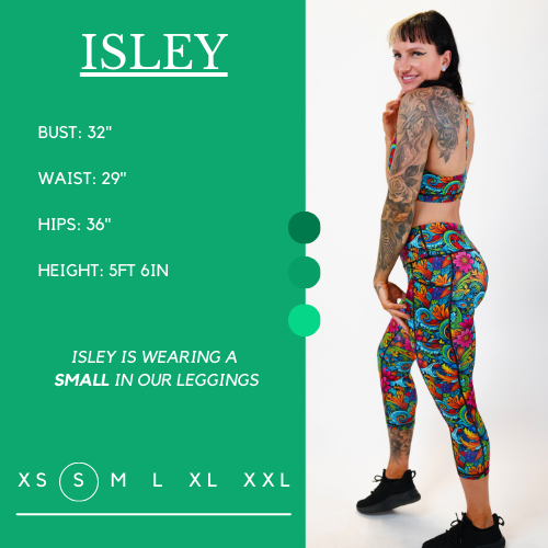 Model’s measurements of 34” bust, 29” waist, 36” hips and height of 5 ft 6 inches. She is wearing a size small in our leggings