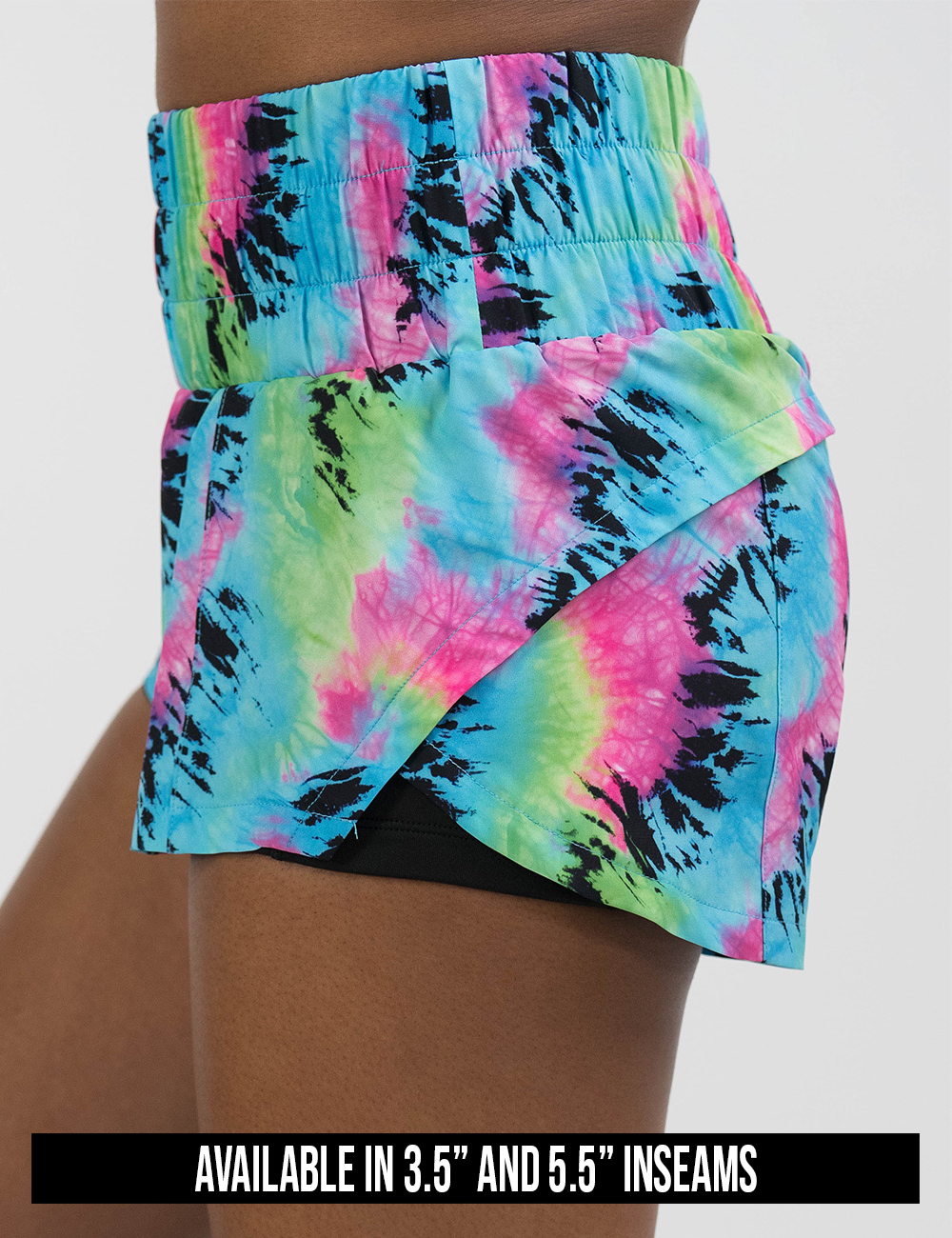 available inseam sizes for the colorful tie dye day dream shorts, sizes include 3.5 and 5.5 inches