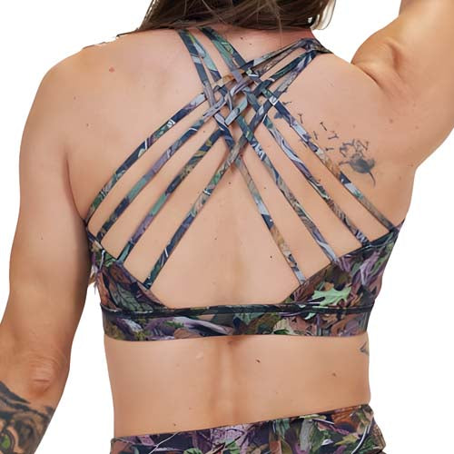 back of the forest camo patterned sports bra