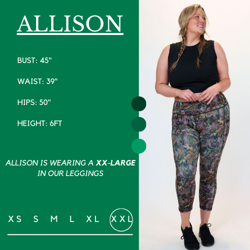 Model's measurements of 45 inch bust, 40.5 inch waist, 51 inch hips, and height of 6 foot. She is wearing a size double extra large in these leggings