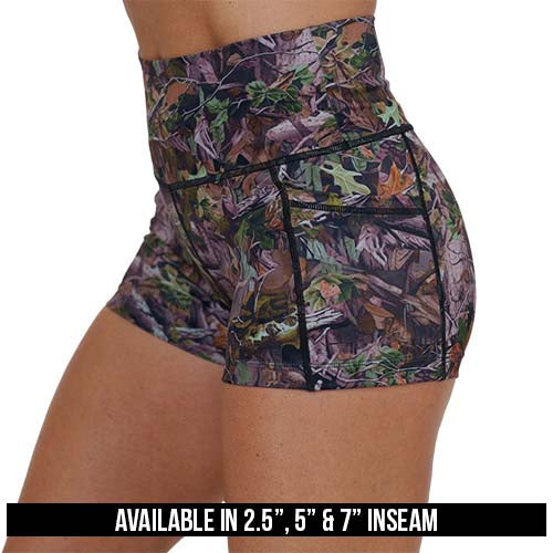 forest camo patterned short's available in 2.5, 5 & 7 inch inseams
