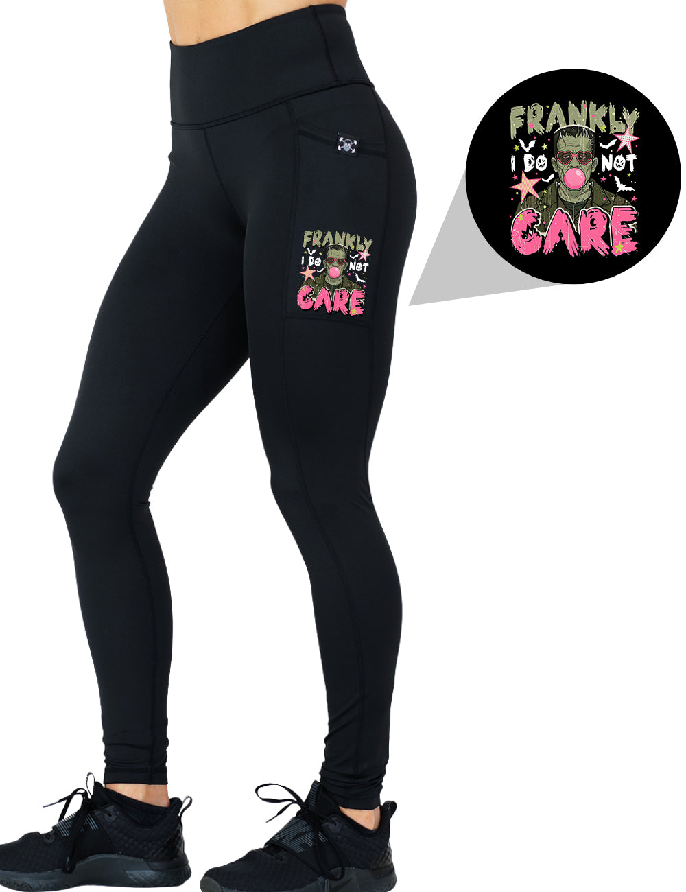 front of the green monster blowing bubble gum "Frankly I Do Not Care" graphic full length leggings