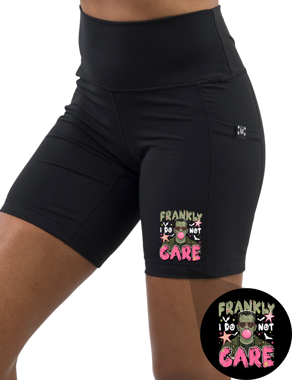 front of the green monster "Frankly I Do Not Care" graphic 7 inch shorts