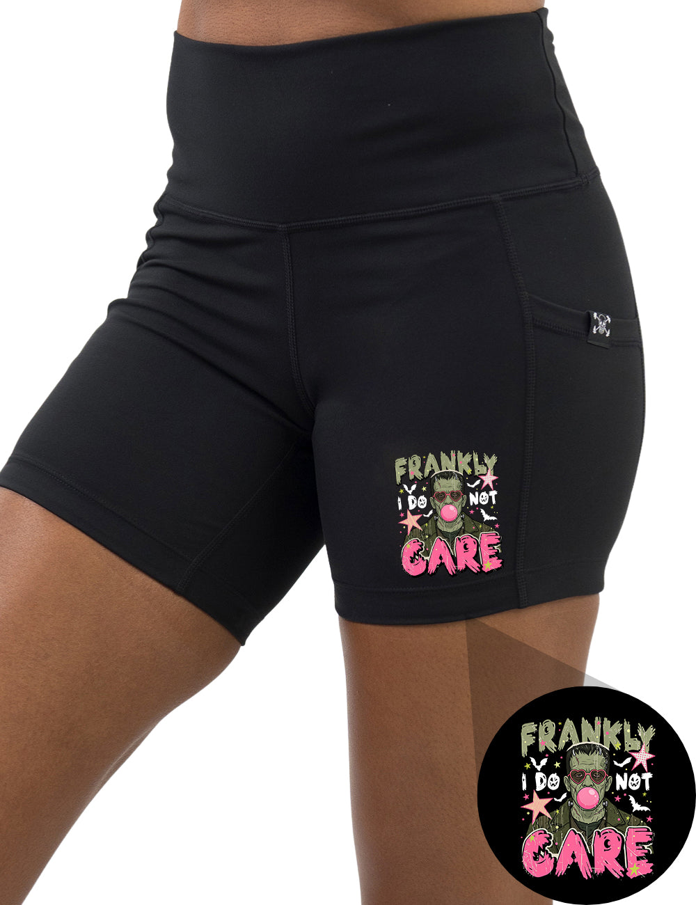 front of the green monster "Frankly I Do Not Care" graphic 5 inch shorts