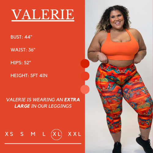 Model’s measurements of 44” bust, 36” waist, 52” hips and height of 5 ft 4 inches. She is wearing a size extra large in our leggings