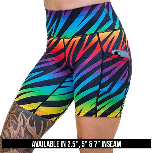 rainbow zebra pattern shorts available in 2.5, 5 & 7 inch inseam