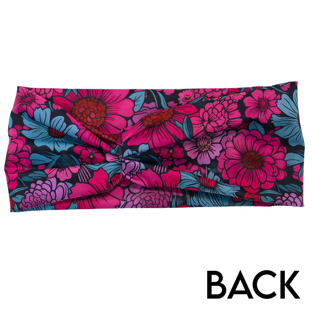 back of the pink and blue floral patterned headband