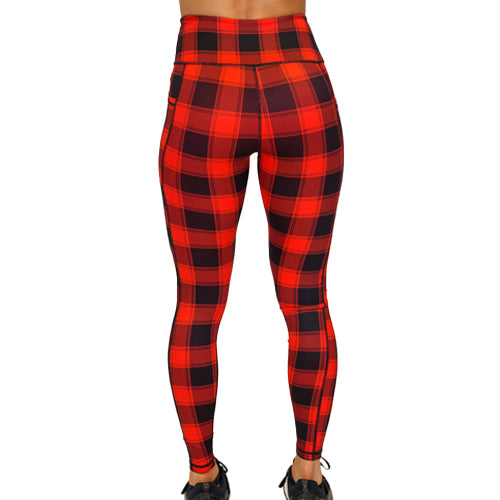 back of red checkered leggings available in full length