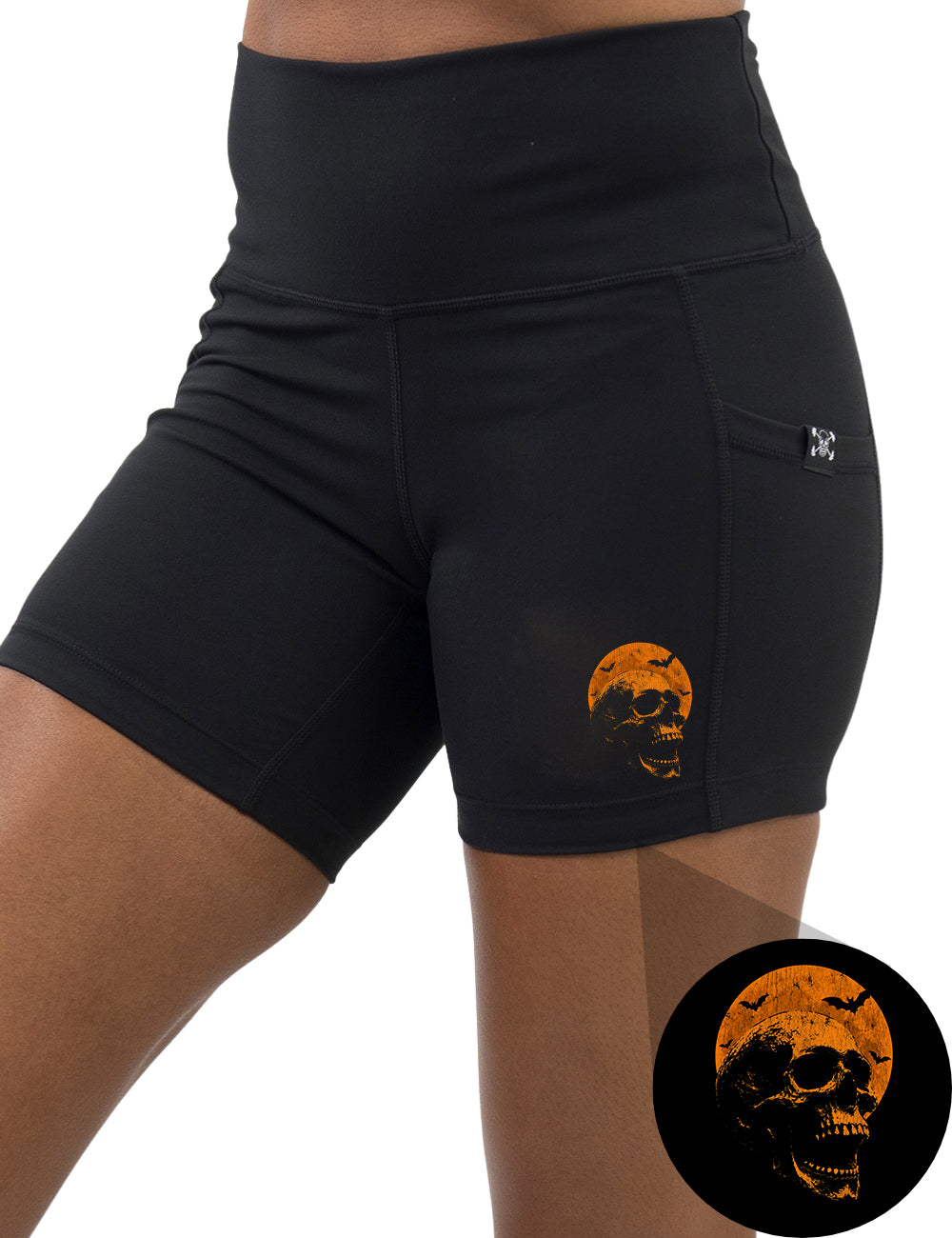 front of the orange skull in front of a orange moon graphic 5 inch shorts