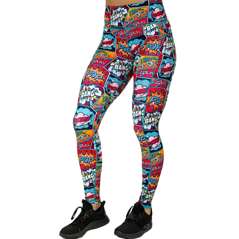 full length colorful comic book style action bubble sayings patterned leggings