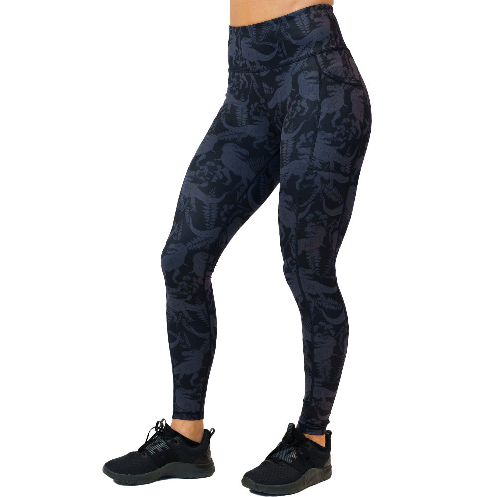 full length black leggings with grey dinosaur pattern