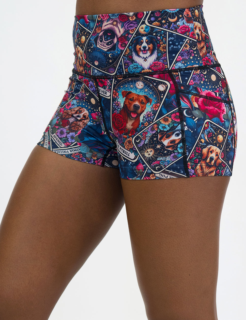 front of the 2.5 inch Colorful shorts with dog illustration pattern on it against a white background