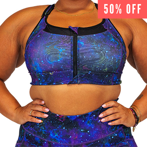 50% off of purple galaxy print front zipper sports bra