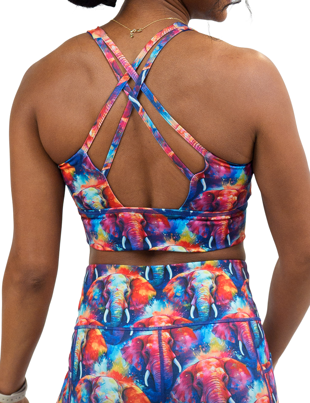back of the colorful elephant pattern longline bra against a white background