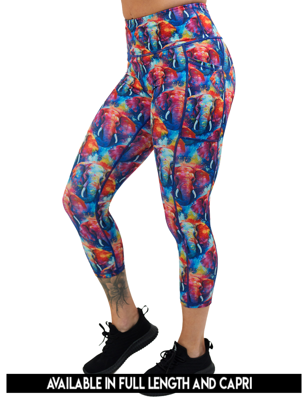available lengths for the colorful elephant pattern leggings, lengths available are the full length and capri