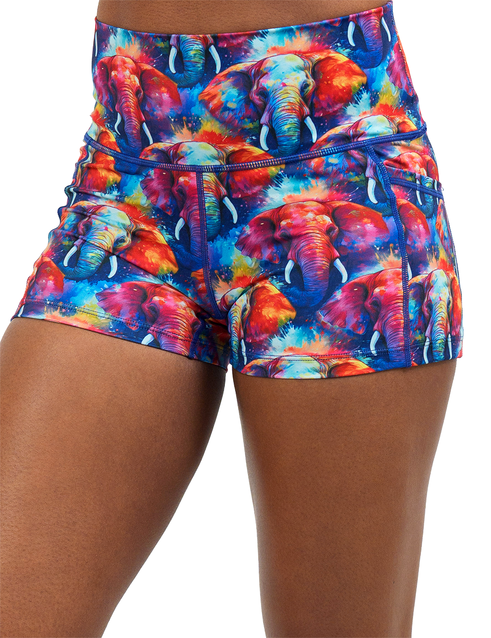 close up of the 2.5 inch colorful elephant pattern shorts against a white background