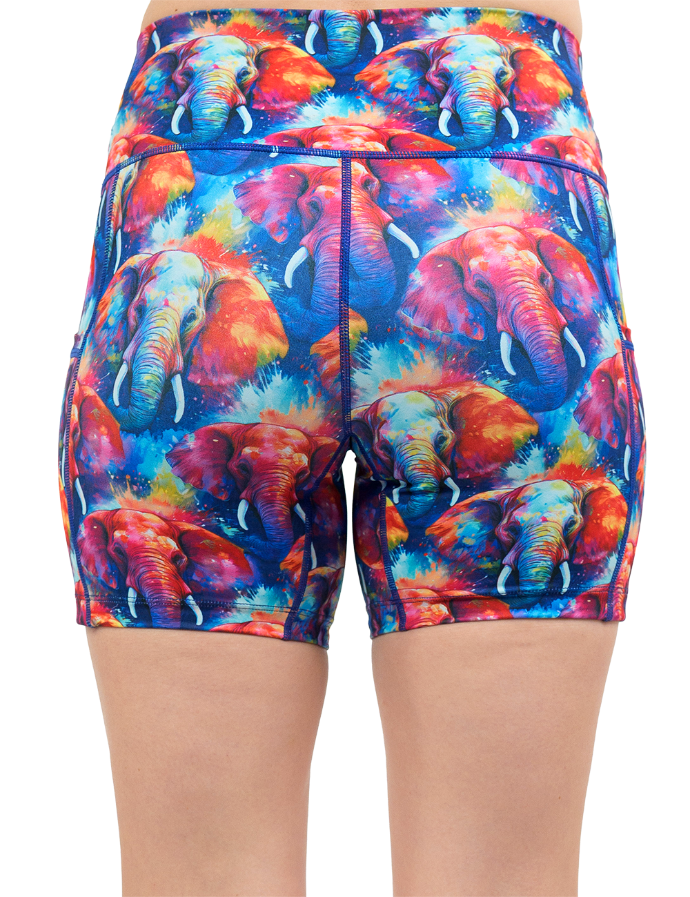 back of the colorful elephant pattern 5 inch shorts against a white background