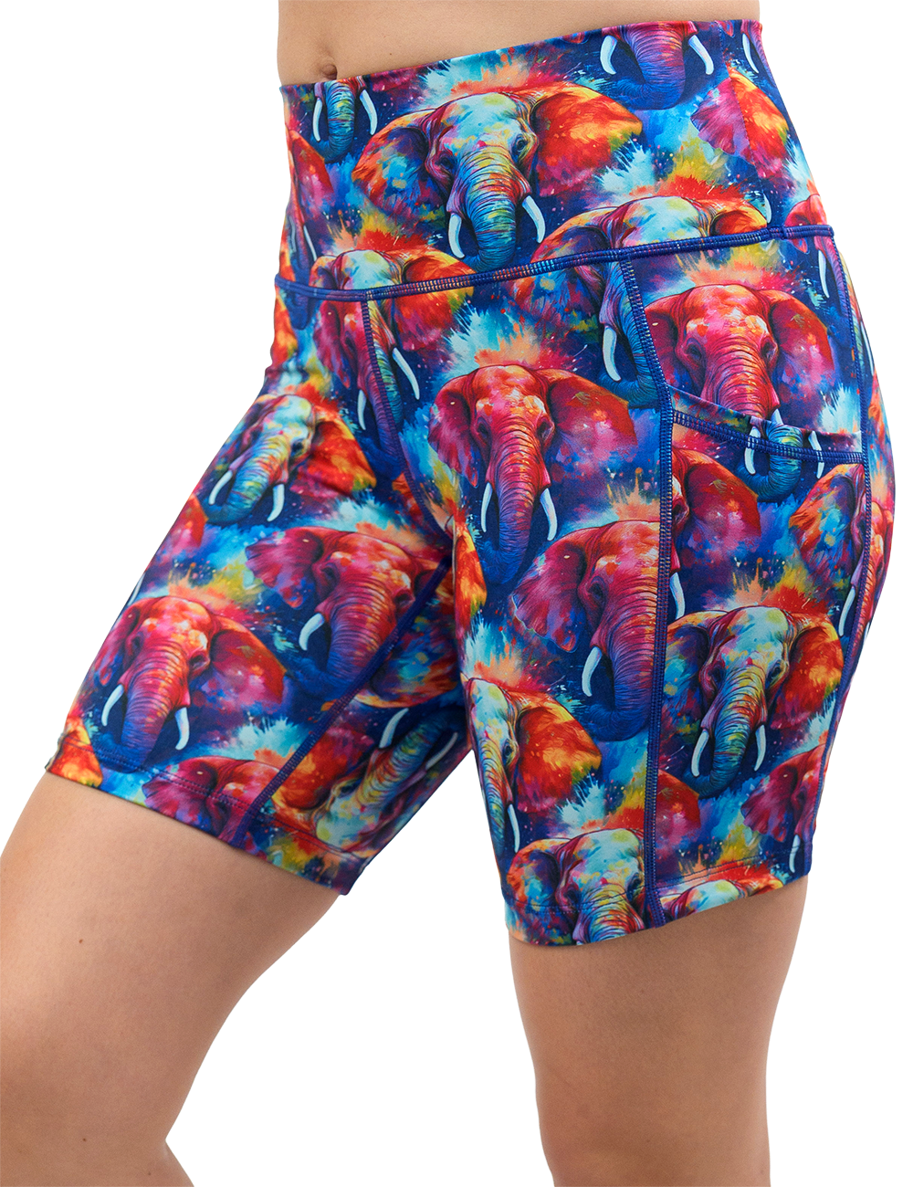 colorful elephant pattern 7 inch shorts facing the front against a white background