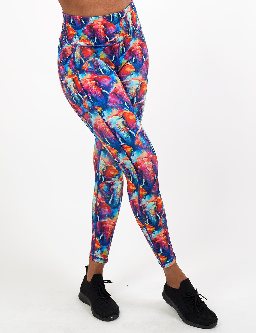 colorful elephant pattern leggings facing the front against a white background